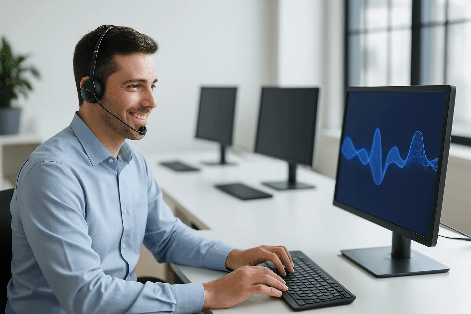 A support agent wearing a headset working alongside AI voice tooling