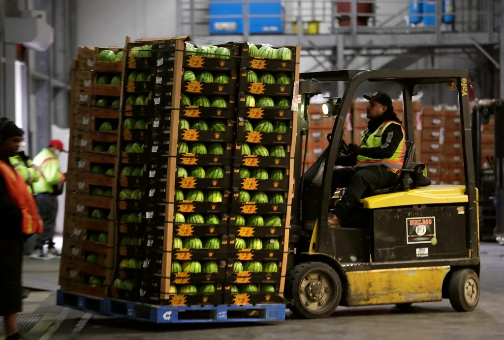 A forklift operator moving loaded pallets through a warehouse